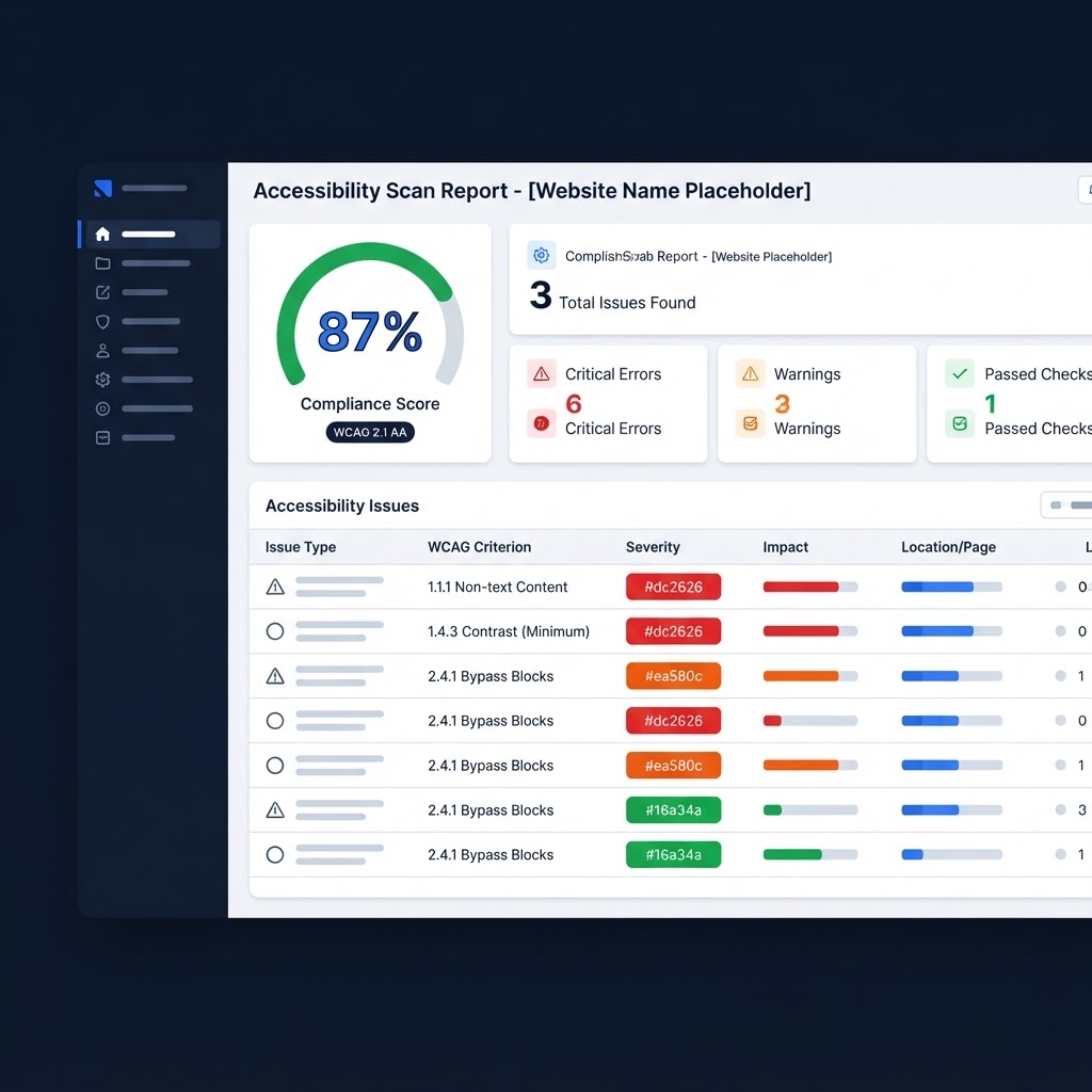 ADA compliance audit dashboard showing accessibility scores and issue breakdown