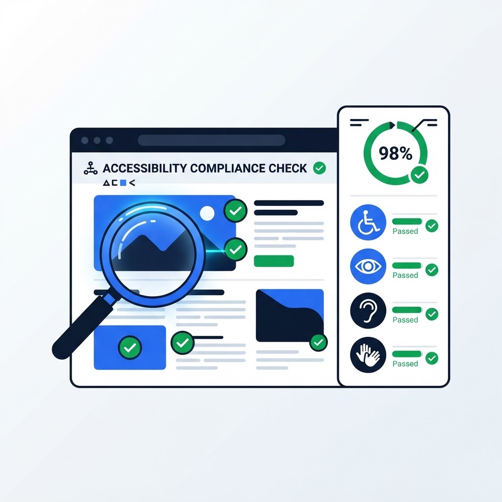 ADA accessibility compliance scanner illustration showing browser window with WCAG checks and accessibility icons